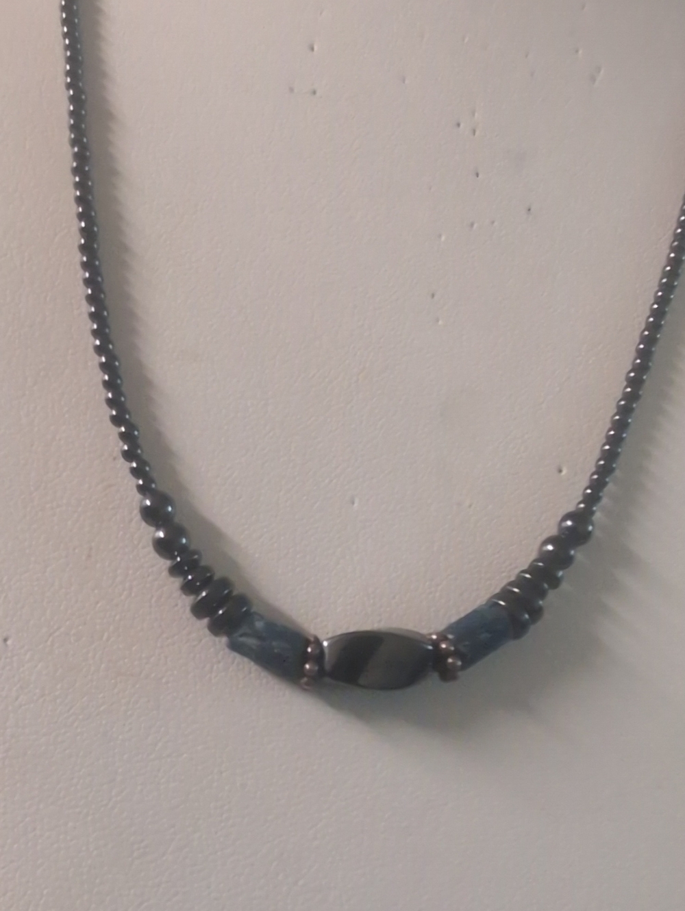 VTG Hematite Beaded Necklace with Dark Blue Accents